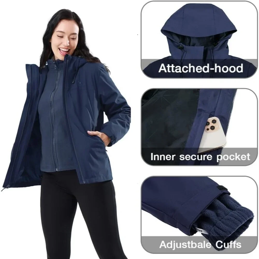 Women's Blue-B611 Fleece Inner Snow Ski Jacket Waterproof Winter Warm Coat - Picture 4 of 6